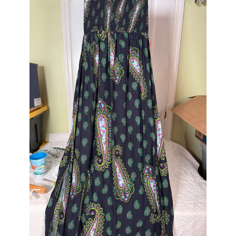 Xhilaration Paisley Strapless Maxi Dress Navy Green Pink Smocked Slit Medium NWT